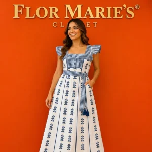 Vestido Midi Cuadros Vichy Azul Bordado Manga Aleta | Flor Marie's Ropa para Mujer en Panamá