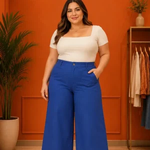 Pantalón Plus Size Palazzo Azul Rey Tiro Alto / Tallas Grandes para Mujer en Panamá