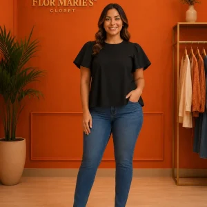 Blusa Negra Elegante para Mujer con Manga Corta Amplia/ Talla Regular