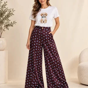 Pantalón Palazzo de Pierna Ancha con Estampado de Lunares