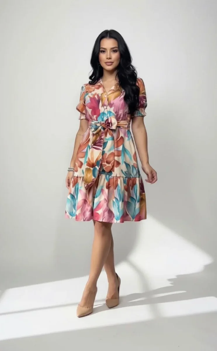 VESTIDO FLORAL | CASUAL ELEGANTE-Vestido Corto Estampado con Lazo en la Cintura – Ideal para Clima Tropical - Imagen 2