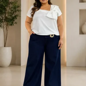 Pantalón Palazzo de Denim Azul Marino con Hebilla Dorada