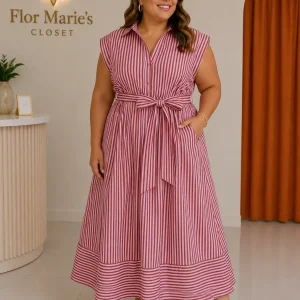 Vestido Midi Rosa a Rayas con Cuello Camisero, Cinturón y Bolsillos – Tallas Plus