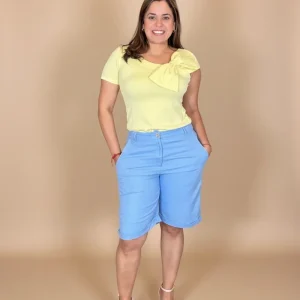 Short Azul Claro Elegante para Mujer en Panamá/Pantalón Corto de Vestir con Pretina Alta