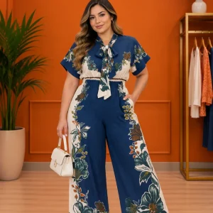 Jumpsuit Plus Size Azul Marino con Estampado Floral y Lazo