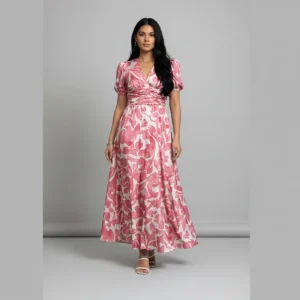 VESTIDO ROSADO CON BLANCO-CORTE FAVORECEDOR