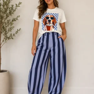 Pantalón de Rayas Verticales Azul Marino y Celeste de Pierna Ancha