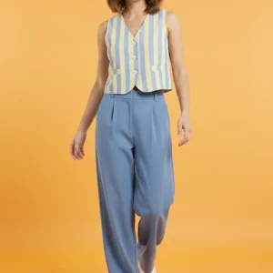 Chaleco Rayado Azul y Amarillo para Mujer | Crop Top Vintage sin Mangas/Ropa para Mujer en Panamá