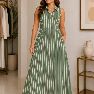 Vestido Camisero Largo Rayas Verde