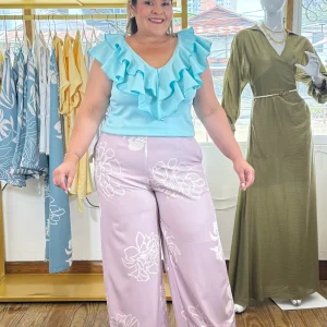 Blusa Turquesa con Volantes para Mujer/ Elegante y Fresca para Clima de Panamá