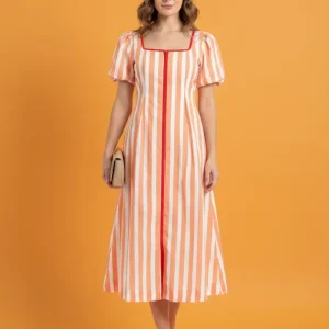 VESTIDO MIDI RAYAS CORAL Y BLANCO PARA MUJER/VESTIDO FRSECO Y CASUAL EN PANAMA