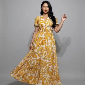VESTIDO LARGO ELVA ESTAMPADO MOSTAZA- CORTE FAVORECEDOR