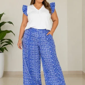 Blusa Blanca Plus Size con Manga Volante Estampada en Azul