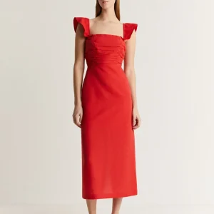 VESTIDO LINO MIDI DRAPEADO PECHO