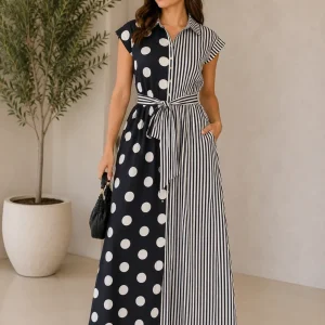 Vestido Midi Bicolor con Lunares, Rayas y Cinturón