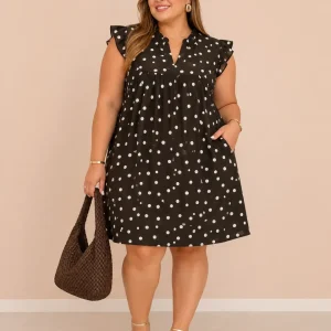 Vestido Plus Size Chocolate con Lunares y Volantes