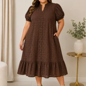 Vestido Café Chocolate de Encaje Calado con Mangas Abullonadas y Bolsillos