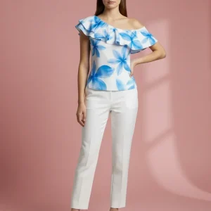 Blusa Floral Azul de Hombro Descubierto para Mujer/ Blusa Elegante y Fresca en Panama