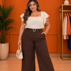 Pantalón Plus Size Palazzo Café con Cinturón