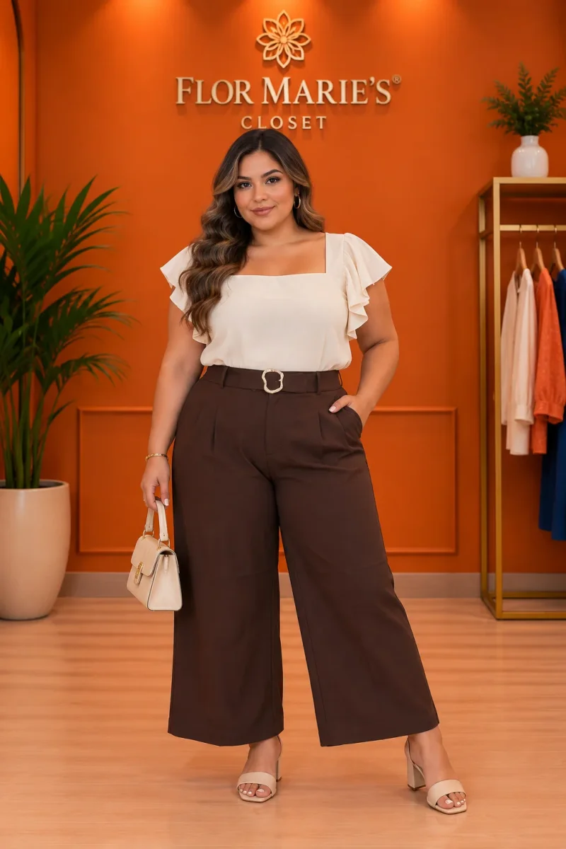 Pantalón Plus Size Palazzo Café con Cinturón - Imagen 2