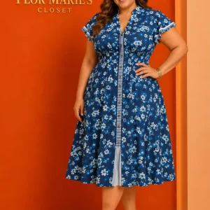Vestido Plus Size Midi Floral Azul con Botones y Cintura Fruncida para Mujer - Manga Corta Volante/Tallas Grandes para Mujer en Panamá