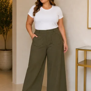 Pantalón Ancho Verde Olivo Bolsillos Festoneados