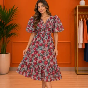 Vestido Midi Floral con Mangas Abullonadas y Falda Volante