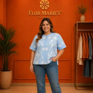 Blusa Plus Size Celeste Bordada Floral - Manga Corta/Blusa Talla Grande para Mujer en Panamá