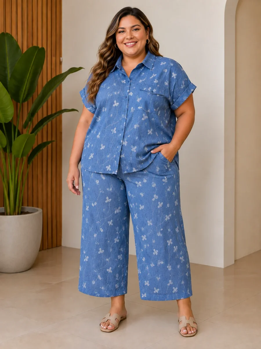 Conjunto Plus Size Azul de Camisa y Pantalón Crop con Estampado Floral - Imagen 2
