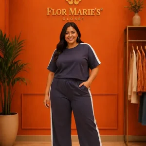 Set Deportivo Gris Franjas Crema Blusa Oversize Pantalón Wid Leg/Conjunto Plus Size para Mujer en Panamá