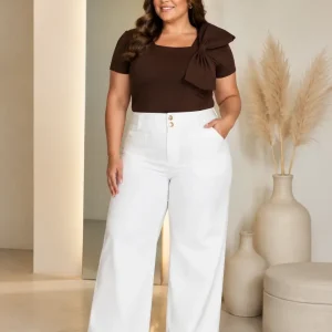 Pantalón Blanco de Pierna Ancha con Cintura Alta y Bolsillos