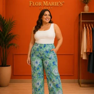Pantalón Plus Size Estampado Floral Verde y Azul | Pantalón Moda Curvy para Mujeres en Panamá