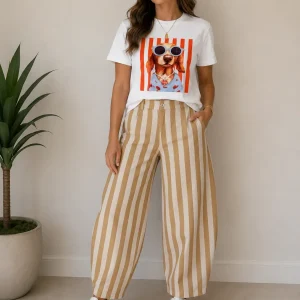 Sarisa Pantalón de Pierna Ancha con Rayas Verticales Beige y Blanco