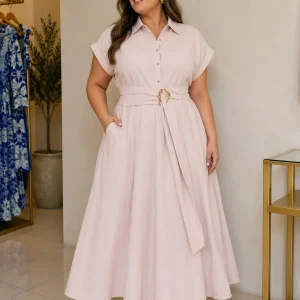 Vestido Maxi Plus Size Rosa Claro con Cinturón y Bolsillos