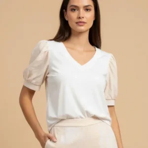 Blusa Blanca con Mangas Abullonadas y Cuello en V / Top Elegante para Mujer en Panamá / Estilo Casual Chic