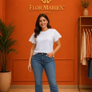 Blusa Blanca De Mujer Con Encaje Bordado/Talla Regular