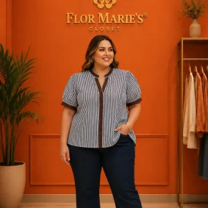 Blusa Plus Size a Rayas con Ribete Café - Elegante Para Mujer