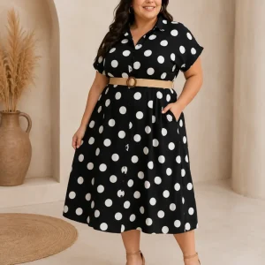 Vestido Midi Negro de Lunares con Cinturón