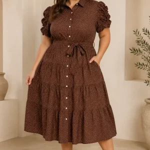 Vestido Midi Marrón de Lunares con Mangas Volantes