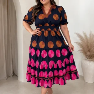 Vestido Midi Estampado Azul Marino con Volantes