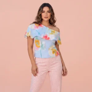 Blusa Estampada Floral de Hombro Descubierto para Mujer/ Blusa Elegante y Fresca en Panama