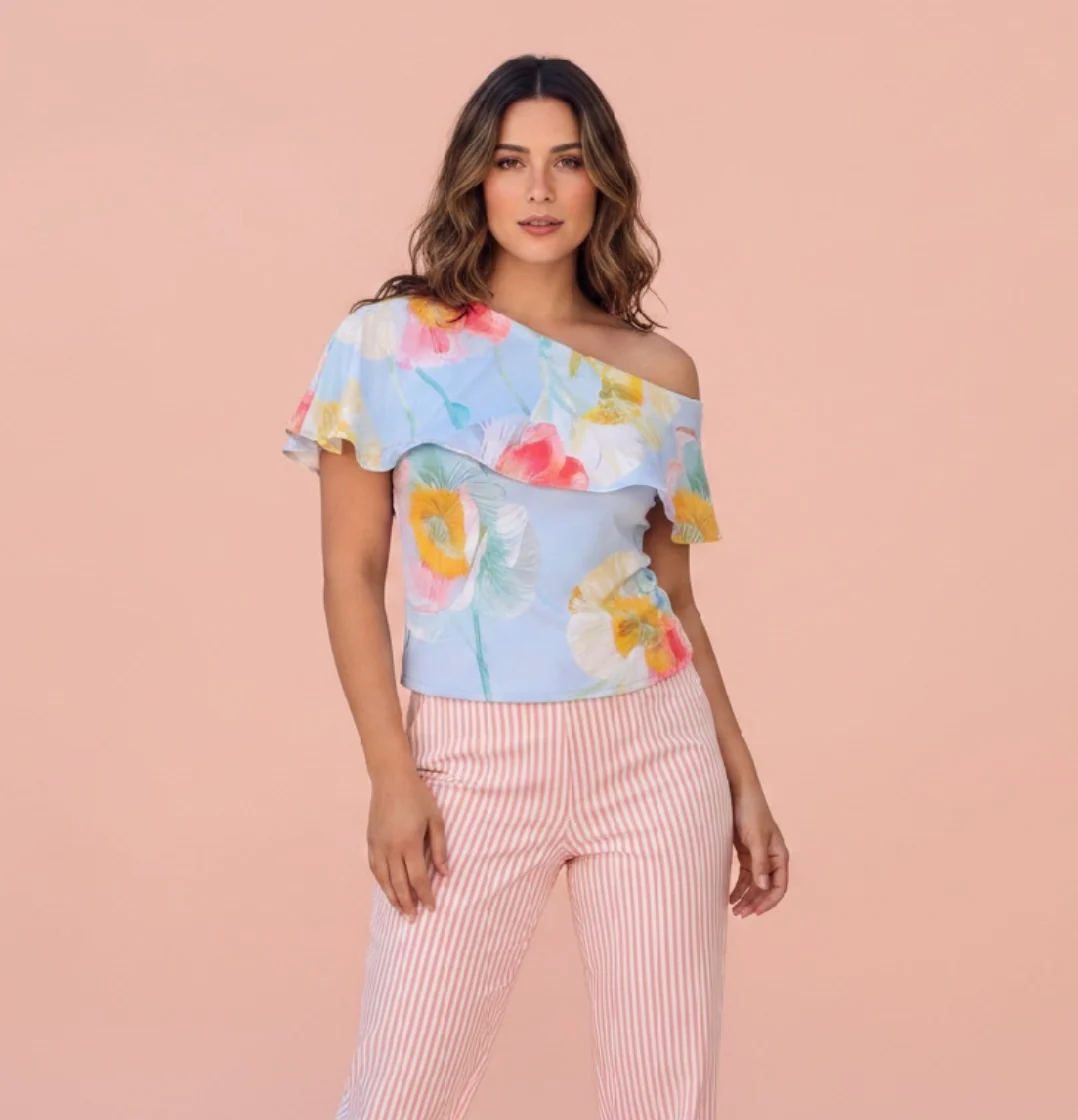 Blusa Estampada Floral de Hombro Descubierto para Mujer/ Blusa Elegante y Fresca en Panama