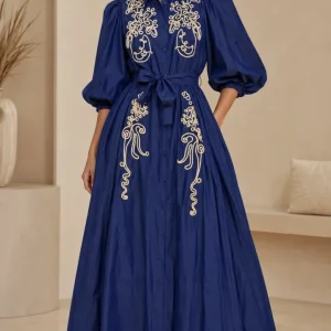 Vestido Largo DENIM con Bordado Ornamental y Cinturón