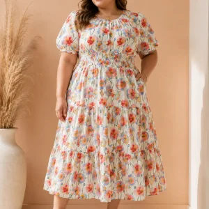 Vestido Midi Plus Size Floral con Cintura Fruncida