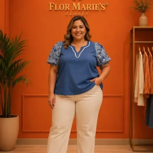 Blusa Azul Plus Size Mangas Abullonadas Bordadas/Blusas Talla Grande para Mujer en Panamá