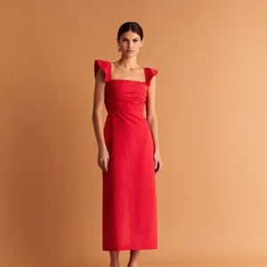 VESTIDO LINO MIDI DRAPEADO PECHO