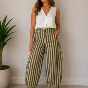 Pantalón de Pierna Ancha con Rayas Verticales Verde Oliva y Beige