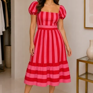 Vestido Rayas Rojo y Rosa Mangas Abombadas