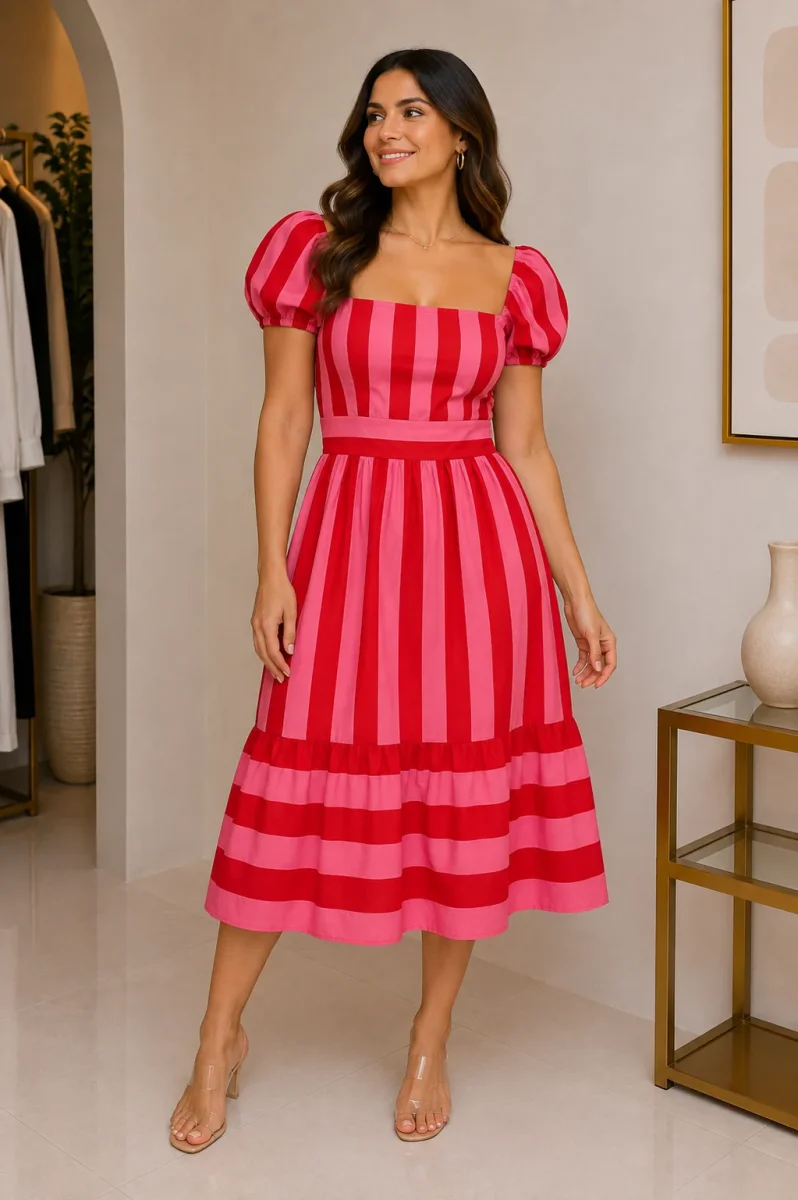 Vestido Rayas Rojo y Rosa Mangas Abombadas - Imagen 2