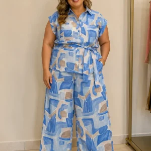 Conjunto Plus Size de Camisa y Pantalón Palazzo con Estampado Geométrico